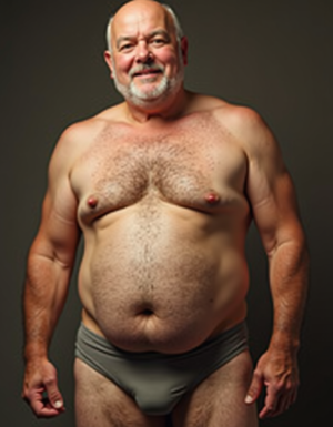 Hombre mayor posando de pie en un estudio con fondo gris oscuro, con la cabeza calva, barba blanca recortada y una expresión tranquila con ligera sonrisa. Tiene el torso desnudo, pecho amplio con abundante vello, pezones visibles, brazos robustos y abdomen prominente con ombligo marcado. Lleva únicamente un slip ajustado de color verde grisáceo que cubre la zona íntima, dejando visibles las piernas con vello y una postura frontal relajada, con los brazos caídos a ambos lados del cuerpo. La iluminación suave resalta la textura de la piel, el volumen corporal y el carácter de retrato masculino natural, sin accesorios ni elementos adicionales en la escena.