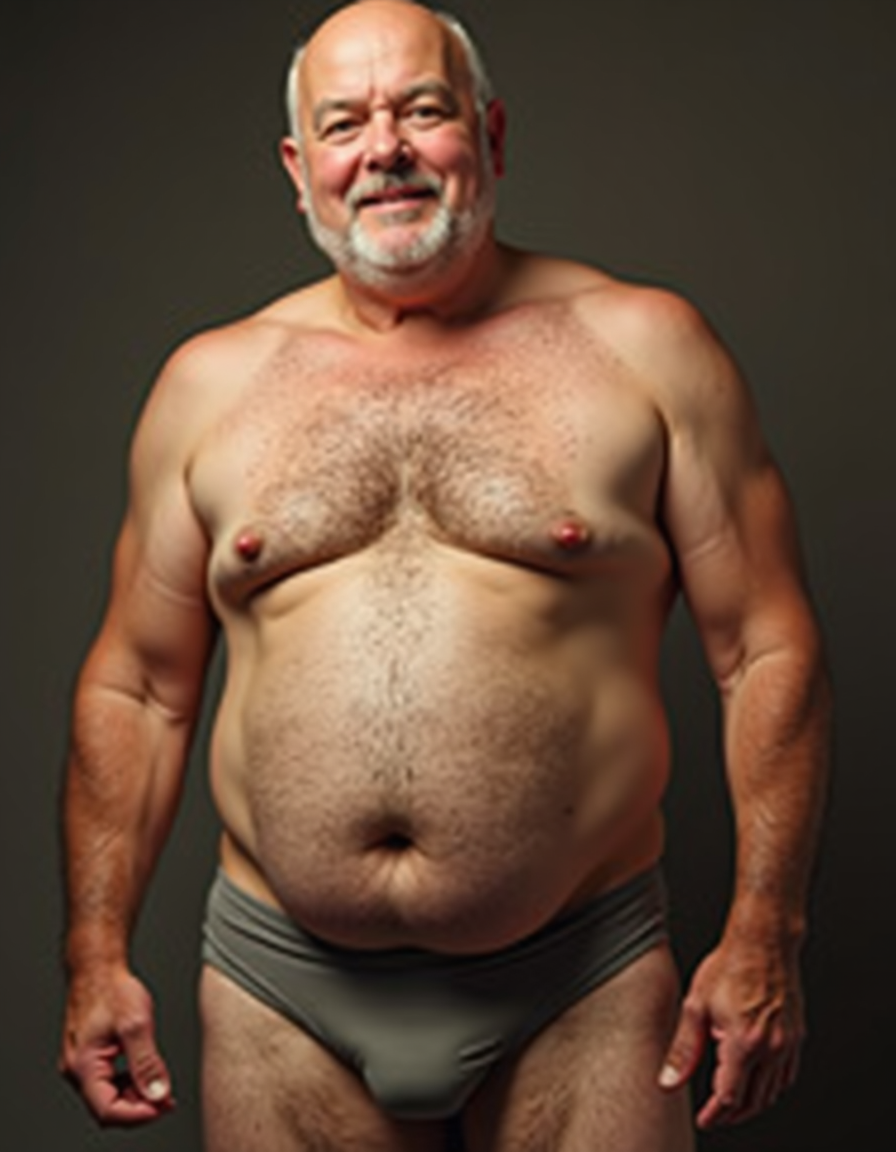Hombre mayor posando de pie en un estudio con fondo gris oscuro, con la cabeza calva, barba blanca recortada y una expresión tranquila con ligera sonrisa. Tiene el torso desnudo, pecho amplio con abundante vello, pezones visibles, brazos robustos y abdomen prominente con ombligo marcado. Lleva únicamente un slip ajustado de color verde grisáceo que cubre la zona íntima, dejando visibles las piernas con vello y una postura frontal relajada, con los brazos caídos a ambos lados del cuerpo. La iluminación suave resalta la textura de la piel, el volumen corporal y el carácter de retrato masculino natural, sin accesorios ni elementos adicionales en la escena.
