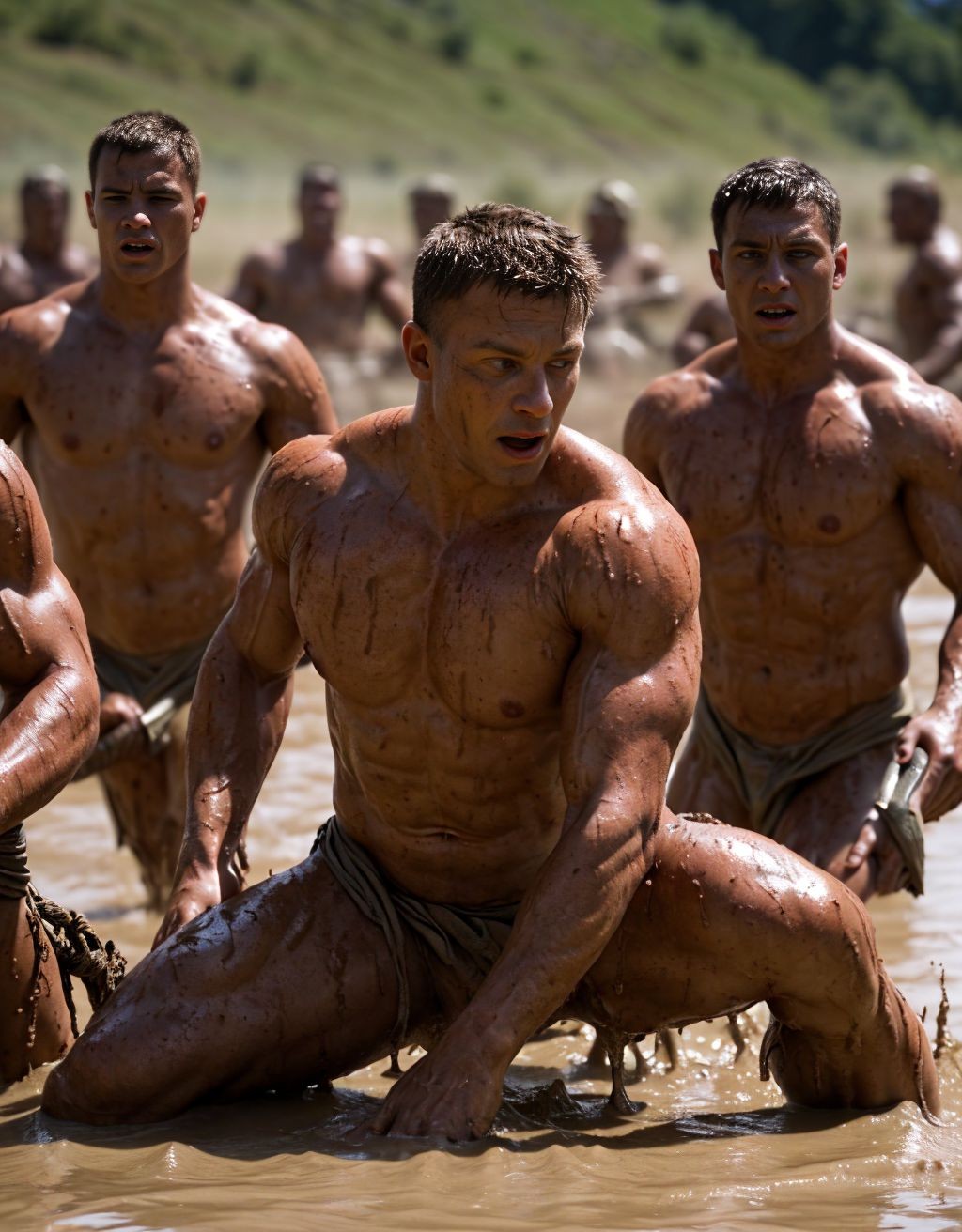 A group of muscular men covered in mud advances kneeling through an area of murky water, as in extreme physical training or an outdoor endurance test. The man in the center stands out for his bare torso, defined abdomen, tense arms and concentrated expression, with one knee sunk in the mud and one hand resting on the water while he looks to one side. Around him appear other participants also shirtless, soaked and stained with mud, dressed in rudimentary garments like loincloths or shorts. The natural environment, with green hills blurred in the background, reinforces an intense scene of effort, strength, sweat, mud and collective discipline.