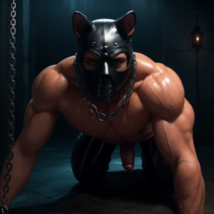 Hombre sumiso a 4 patas, con máscara de cuero, mirada lasciva, cuerpo musculoso, genitales visibles, cadena en el cuello, postura subordinada, ojos brillantes como un perro en celo, sudor en la piel, ambiente oscuro y sensual.