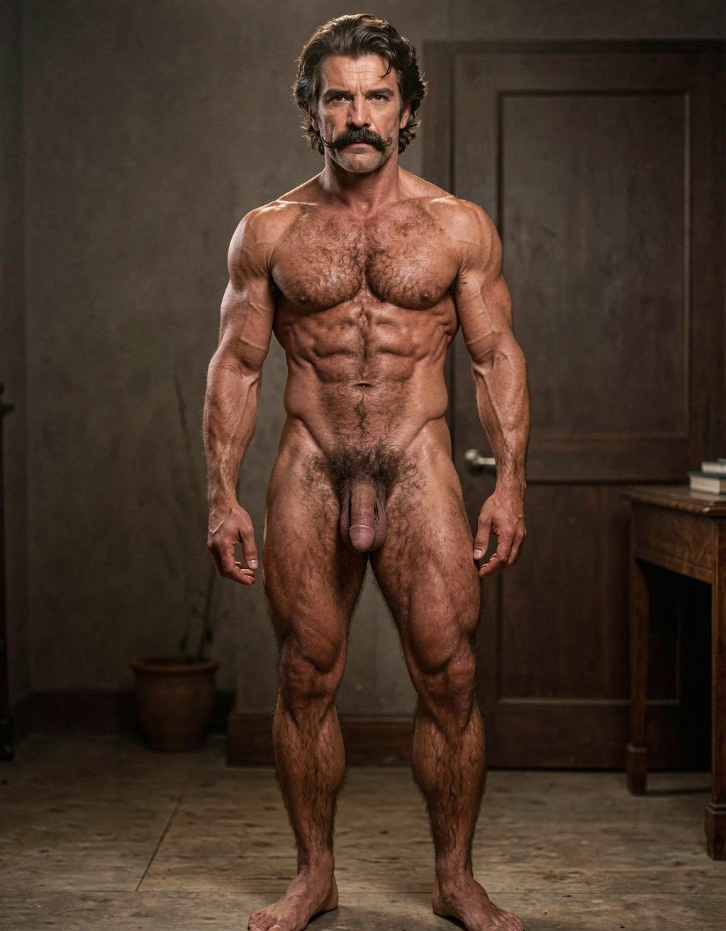 Naked man standing in an austere room, facing forward with a serious expression and a prominent mustache, dark hair combed back, and a very muscular and defined body. The warm lighting highlights the hairy torso, pectorals, abs, defined arms, and strong legs, with visible body hair on the chest, pubis, and limbs; the penis is exposed in a natural frontal pose, without a sexual gesture. The background shows a wooden door, aged walls, worn floor, a plant pot in a corner, and a side table with books, creating a sober, intimate, almost theatrical atmosphere.