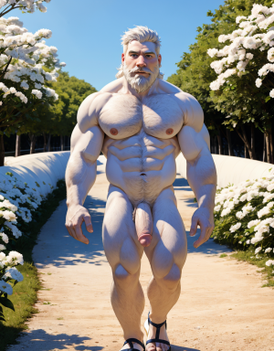 Hombre blanco desnudo musculoso, tiene pene blanco, tiene testículos blancos. Tiene mucho vello blanco. Tiene pelo largo blanco. Tiene barba blanca. Tiene sandalias blancas. Tiene pezones grandes largos y puntiagudos: 1.9. Está andando por un camino en el campo con flores blancas. Está totalmente desnudo. Sale líquido blanco por sus pezones.
