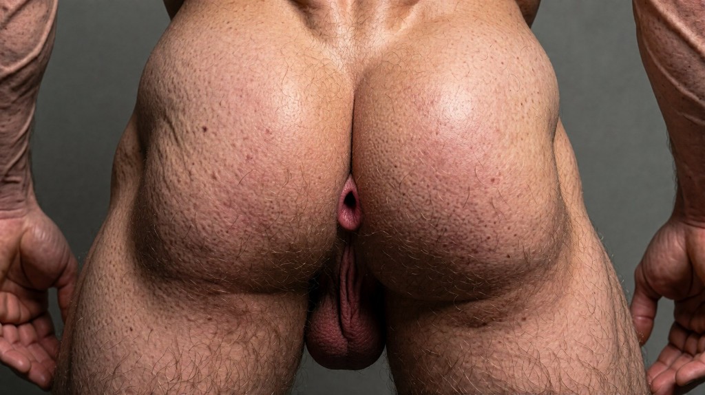 Glúteos de hombre musculoso velludo, glúteos desarrollados firmes y definidos, con surco interglúteo marcado y transición entre glúteos y región perianal muy marcado; músculos glúteo mayor, medio y menor de gran volumen y definición, surco interglúteo bien definido hendidura vertical que separa ambos glúteos y termina en la región anal, región perianal superficie de piel que rodea el ano de buen color, ano y orificio anal a la vista abertura situada en el centro de la región perianal; el margen anal borde de piel que rodea directamente la abertura de color sonrosado; a la vista el esfínter anal externo dilatado músculo circular situado bajo la piel alrededor del ano; se ve el periné zona situada por delante del ano, entre este y los genitales, todo muy velludo.
