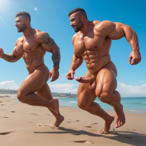 Tres soldados desnudos musculosos y tatuados, de 35 años de edad, disfrutan de su día de descanso haciendo deporte en una playa del Pacífico, están corriendo desnudos y mostrando su grandes penes y hermosos testículos. Tienen mucho vello por todo el cuerpo. La luz del Sol les da de frente e ilumina con claridad sus cuerpos sudorosos. Su pene se mueve hacia los lados quedando los testículos al descubierto.