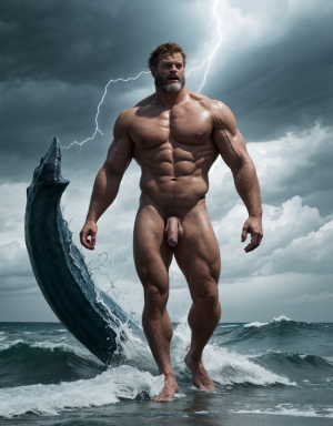 Neptuno es dios de los mares, las tempestades y los vientos. Es un dios malhumorado y violento. Está desnudo. Tiene mucho vello. Está llamando a los monstruos del océano. Está andando sobre la arena de la playa. Tiene un pene largo y erecto. Tiene los pies desnudos. 