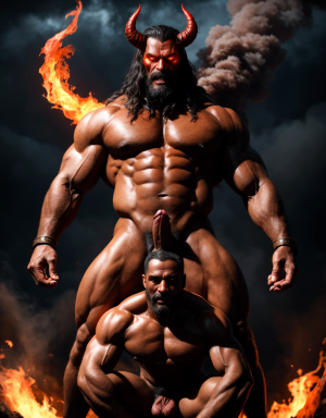 Diablo y Satanás desnudos con pene grande y testículos grandes. Dobla el brazo derecho para enseñar los bíceps del brazo derecho con gran orgullo. Tiene mucho vello por todo el cuerpo. Está bronceado. Tiene alas de diablo negras y rojas oscuro. Los brazos están hacia arriba implorando rayos y fuego. Tiene un chorro de fuego en el pene que sale a chorros rojos hacia arriba de su pene erecto tieso hacia arriba. Sus ojos son grandes y rojos. Tiene testículos grandes y oscuros. Está rodeado de llamas y humo. Tienen cara de maldad y con barba. Se ven los pies. Quiero ver los pies. Está delgado. Está agachado. Está de espaldas,