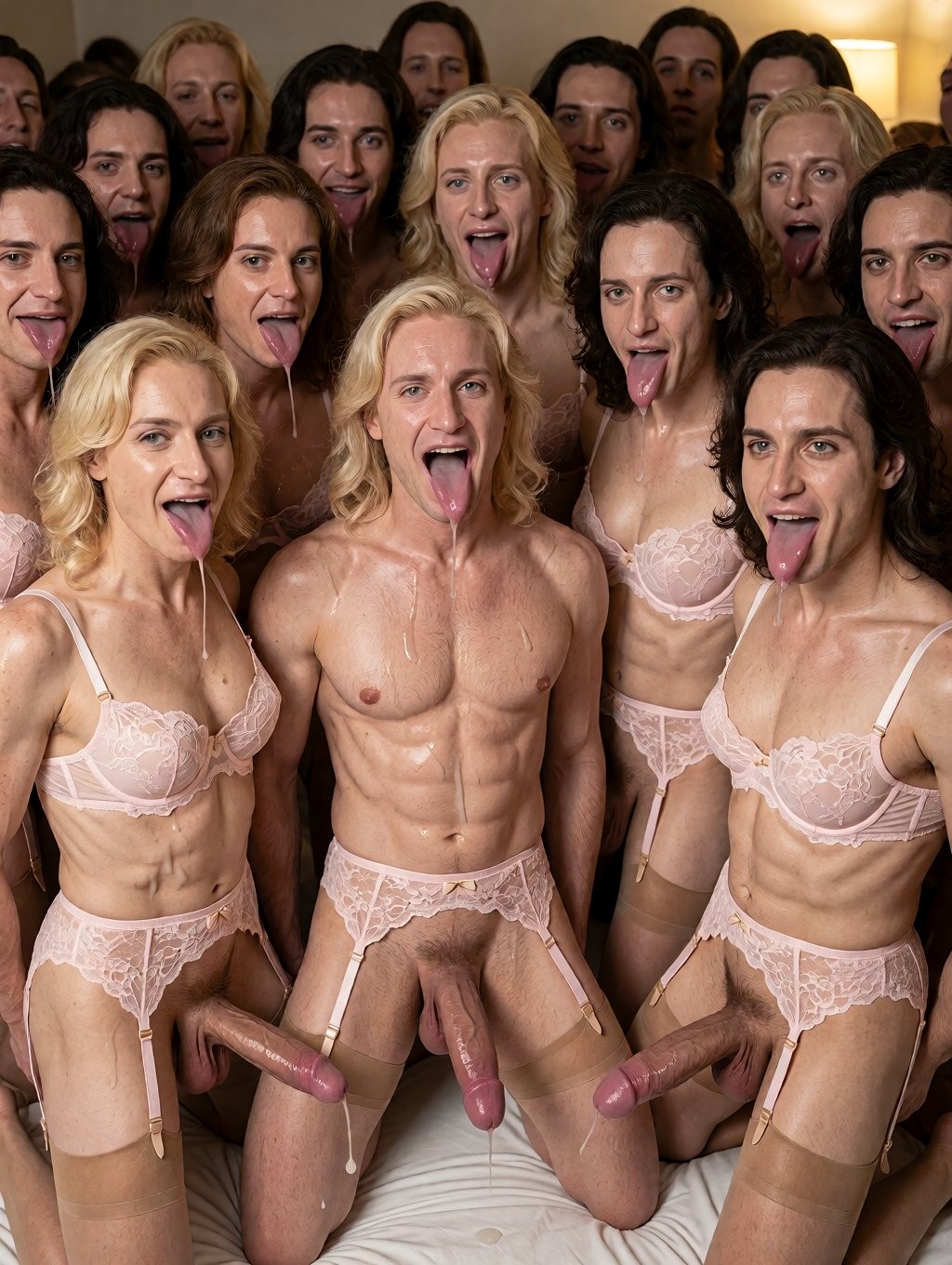 Group of people posing in a provocative scene inside a room, with several men with long and short hair dressed in pink lace lingerie, garters and stockings, some kneeling on a white bed. In the foreground, muscular bodies stand out with bras, panties and garters, several erect penises visible and tongues stuck out toward the camera, creating a sexualized, theatrical and deliberately grotesque composition. The warm interior lighting, exaggerated expressions and accumulation of faces in the background reinforce an atmosphere of intimate party, erotic parody and surrealist group photography.