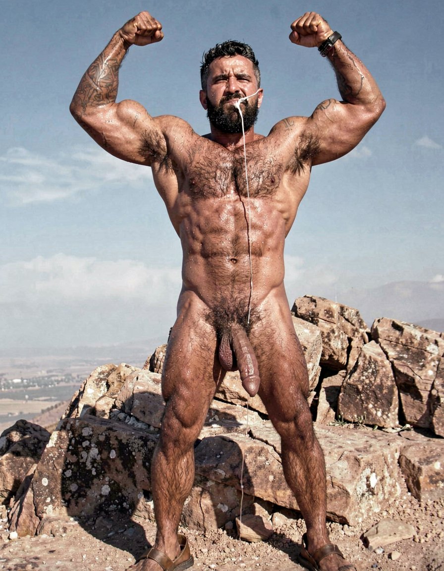 A hyper-masculine ancient Zapotec warrior named Cocijo, 26 years old, standing perfectly still under the brutal midday sun on the rocky summit of Cerro La Cantera in San Pablo Huitzo, Oaxaca, 600 AD. Completely naked except for worn leather strip sandals. Square jaw clenched, thick veiny neck, bronze skin drenched in sweat. Extremely powerful and fully flexed physique: massive square pectorals tensed to the maximum, thick dark wet chest hair matted against the hard muscle, large erect nipples. Deeply carved eight-pack abs glistening with sweat, thick black treasure trail running down to a dense dark pubic bush. Enormous arms raised and flexed hard overhead, biceps bulging like cannonballs with thick veins, triceps perfectly defined and tensed like horseshoes. Thick hairy thighs locked in full tension. His massive 35cm cock is rock-hard and throbbing violently, held tightly at the very base by Gayon Von Neumann’s strong hand, the swollen head continuously leaking thick white precum that runs down the shaft and over the fingers. A thick black leather cock ring is locked brutally tight at the root, behind his heavy balls, making the entire package look painfully swollen, darker and pulsing non-stop. Cocijo stares straight up with total obedience, every muscle in his body still tensed and displayed for inspection. Raw, dominant, extremely virile ancient masculine atmosphere, dramatic sunlight casting strong shadows on every ridge of muscle, hyper-realistic and extremely detailed.