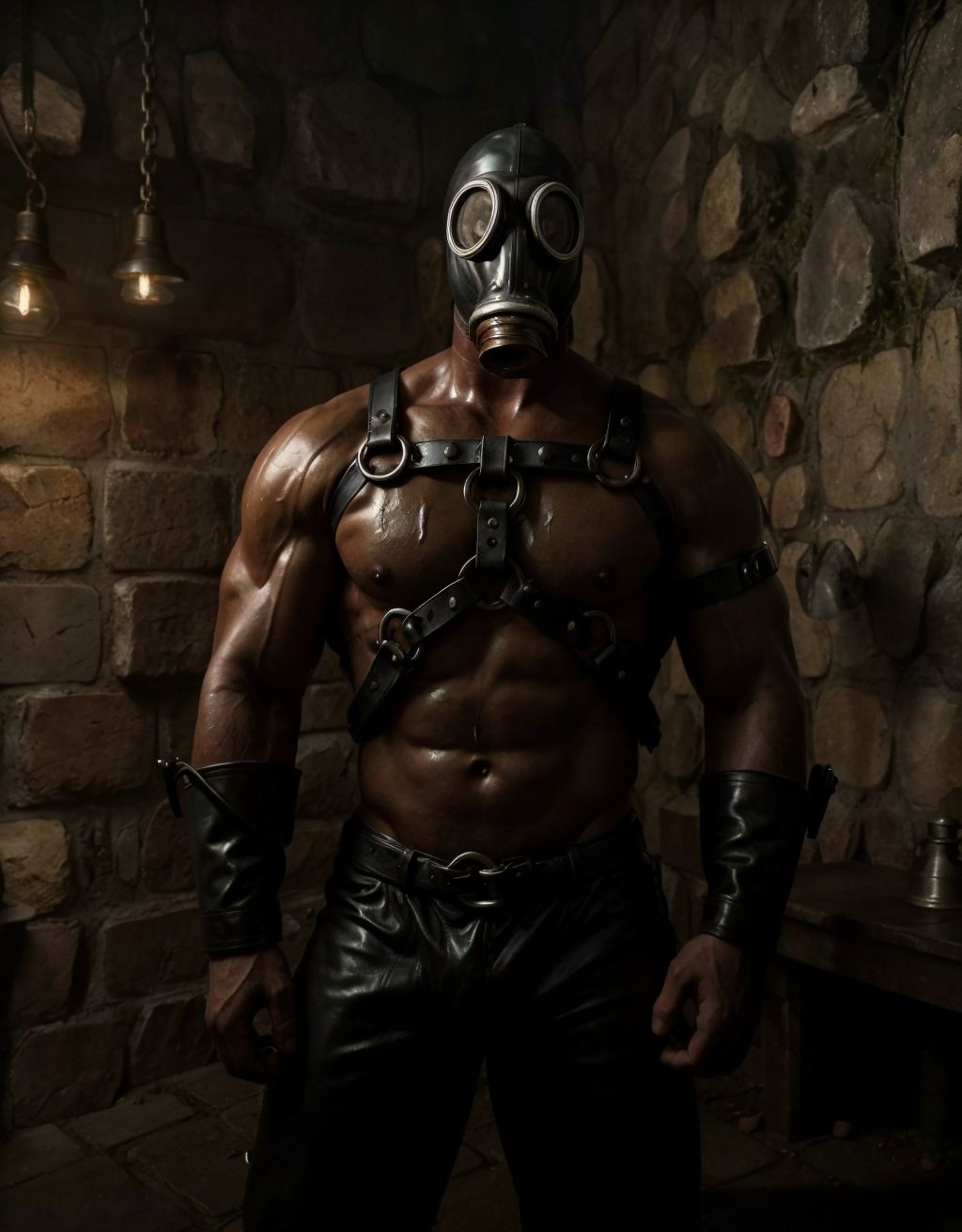 Hombre desnudo, arnés de cuero negro, máscara de gas, mazmorra gótica oscura, grilletes en paredes de piedra, luces rojas tenues, ambiente intenso y sensual, piel sudorosa, músculos tensos, arnés ajustado, máscara de gas brillante, sombras profundas, erotismo y poder.