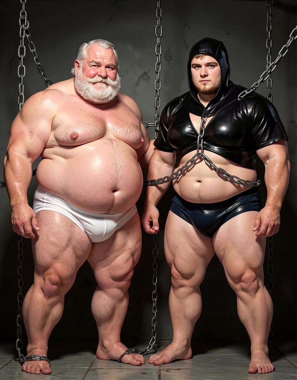 Two burly, very muscular men pose standing in a dark, industrial-looking setting, surrounded by thick metal chains hanging from the ceiling and partially crossing the body of the man on the right. The man on the left, older, with a thick white beard and gray hair, wears only white briefs and sandals, leaving visible his bare torso, prominent belly, hairy chest, strong arms, and very developed legs. Beside him, a younger man wears a shiny black latex or leather hood, a tight cropped shirt open at the chest, and black briefs, with bare feet. The scene has an aesthetic of domination, bondage, and physical strength, with harsh lighting against a gray wall and tiled floor.