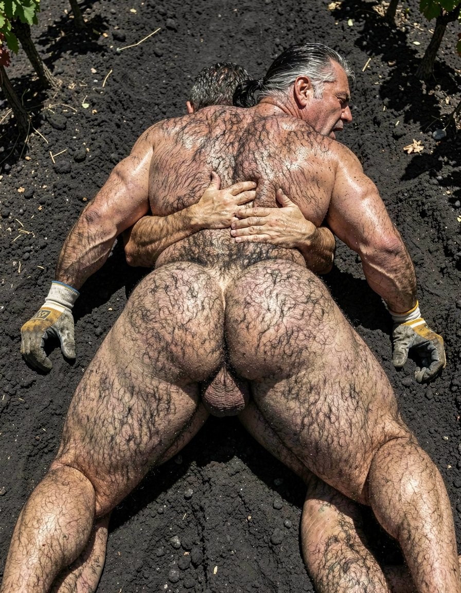 In the harsh direct midday Mediterranean sun of a Santorini vineyard on black volcanic soil between rows of Assyrtiko vines, a hyper-realistic full-body vertical photograph shows two massively muscular hairy men stacked prone on the ground. Dimitris, the 32-year-old Greek worker at 5% body fat, lies completely flat face-down on the scorching dark earth, short jet-black hair with faded sides visible from behind, thick powerful neck, enormously wide back and lats covered in dense matted black body hair glistening with sweat and dusted with volcanic soil. His veiny arms stretch forward, dirty grey work gloves with yellow and white stripes gripping the dirt, thick round extremely hairy glutes facing upward, and powerfully developed hairy legs stretched straight with large bare filthy feet partially buried at the bottom of the frame. Directly on top of him, Hipsterbarba, 45 years old at 8% body fat, lies completely prone and pressed tightly against Dimitris’ back, embracing him firmly around the waist with both strong arms locked in a powerful hug, his own dark hair with grey at the temples visible from behind, very muscular fibrotic back covered in thick body hair, broad shoulders and vascular arms wrapped around the younger man’s waist. Hipsterbarba is actively fucking Dimitris in this prone position, his thick hard cock buried deep inside Dimitris’ hairy ass, hips pressed flush against the glutes in a full penetration that visibly stretches the hole, with intense rhythmic thrusting implied by the tension in both bodies. Dimitris’ face is turned to the side against the earth in overwhelming pleasure, mouth open in a deep moan, eyes half-closed in ecstasy as he experiences pleasure like never before. Brutal overhead sunlight creates intense specular highlights on every bead of sweat, wet black body hair, and the slick connection where their bodies join while casting deep dramatic anatomical shadows that accentuate every striation, vein, curve and the explicit penetration. Raw masculine dominant fucking atmosphere, bodies glued together by sweat and heat, flawless anatomy and proportions with zero cropping, razor-sharp photorealistic detail, cinematic lighting, glistening sweat and volcanic dust covering both muscular bodies from the dirty feet at the bottom all the way to the back of Hipsterbarba’s head at the top.