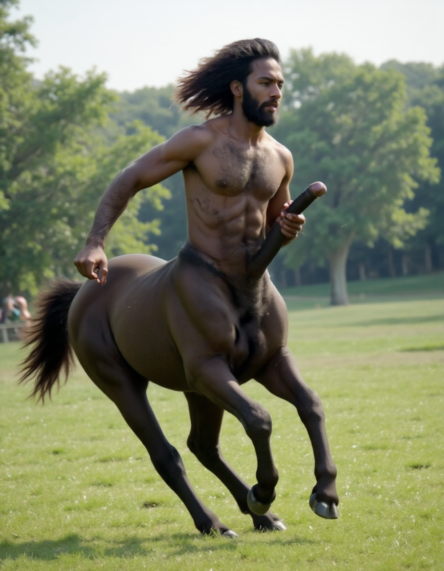 Caballo negro totalmente desnudo cuerpo entero con polla erecta gigante a la vista y huevos gordos a la vista colgando d la base de su polla 🫏, (solo tiene cuatro patas, no distorsión) es un macho viril. Tiene cabeza de hombre con torso peludo musculado y brazos peludos musculosos. Es un centauro masculino. Pelo largo despeinado y movido por el aire. Está corriendo sobre la hierva del prado.