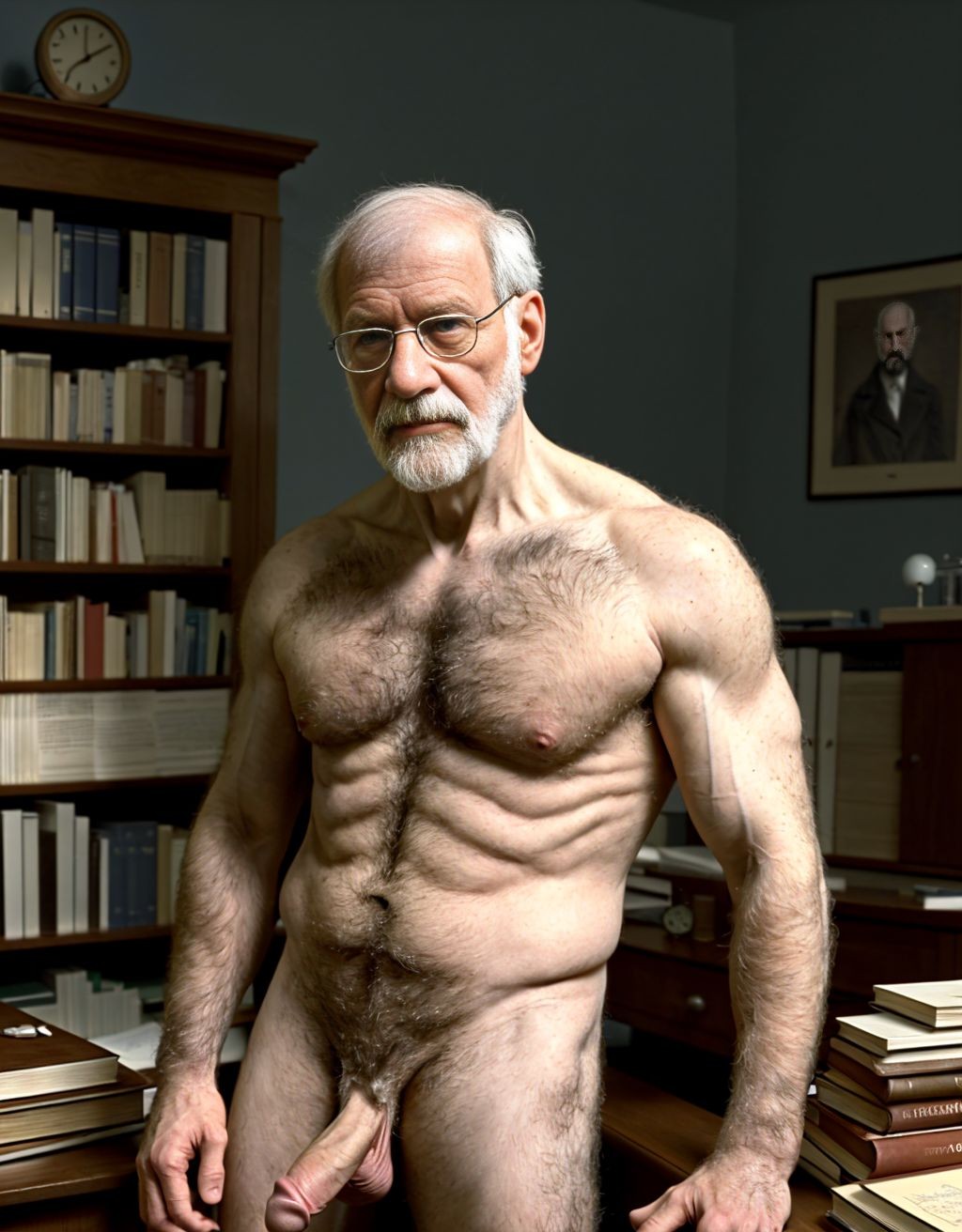 brazos velludos. Está de pie. Está totalmente desnudo musculoso. Tiene pene grande erecto. Tiene testículos grandes. Tiene mucho vello y pelo. Foto muy realista texturas 8k. Está rodeado de libros de psicología tobogán laboratorio. Rodeado de dos hombres desnudos velludos. Hay un ambiente de psicología cercanía personal, compresión. Freud era un médico austríaco especializado en neurología. Es el padre del psicoanálisis y se le considera una de las figuras intelectuales más importantes del siglo XX.
