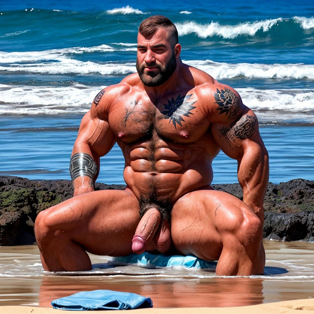 Tres soldados de caballería, musculosos y muy tatuados, de 30 años de edad, disfrutan de su día de descanso en una playa del Pacífico, se bañan desnudos y mostrando su grandes penes y hermosos testículos. Tienen mucho vello por todo el cuerpo