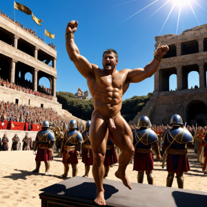 Cneo Pompeyo Magno desnudo con pene grande y testículos enormes, conquista las Galias en el año 49 a.C, para ser el único cónsul del ejercito. Está con  hombre Catón y con hombre Cicerón desnudos, se acercan a Cneo Pompeyo Magno para estar al frente de las legiones del Senado para repeler el asalto de César. 🗝️ 🗡️  👏🏼. Está andando rodeado de hombres desnudos musculosos que aplauden efusivamente y están saltando de alegría. 👨🏻‍🎤🧑🏻‍🎤👨🏻‍🎤 🗡️ ⚔️ 