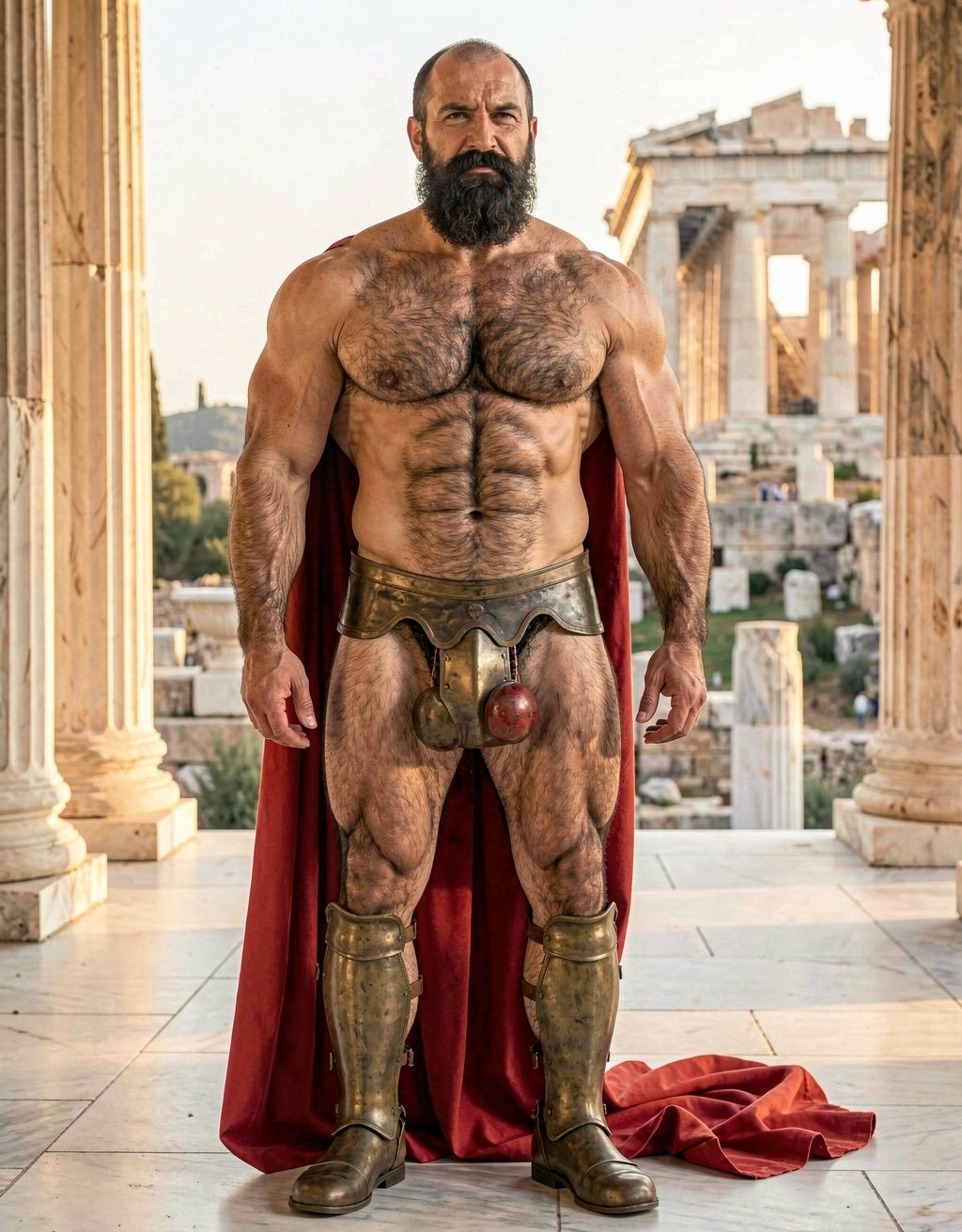 Pericles. A full-body, highly detailed and realistic historical portrait of a completely naked Pericles at 35 years old standing confidently in 460 BC Athens, Classical Greece. Full length view from feet to head, frontal three-quarter angle. He has an elongated distinctive 