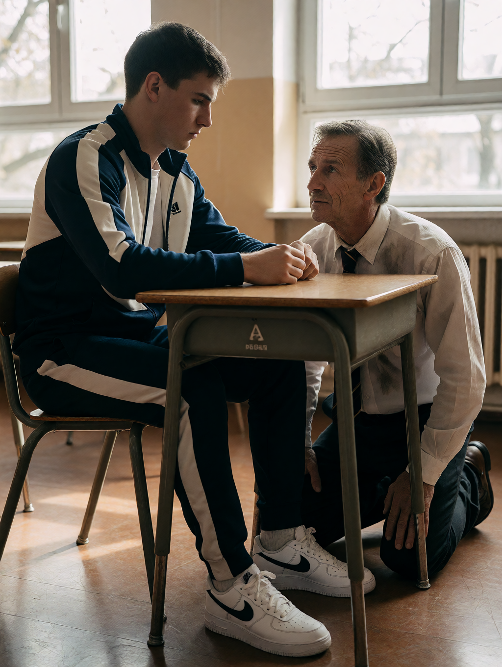 A young man with a navy blue and white tracksuit is sitting on a classroom chair, leaning on a school desk of wood and metal, with a serious and pensive gesture while looking down and keeping his hands together on the table. Next to him, an older man with a white shirt, dark tie, and black pants appears kneeling on the floor, looking at him closely with an attentive and worried expression, as if he were talking to him or trying to console him. The scene takes place in a bright classroom with large windows, wooden floor, radiators, and simple school furniture, creating an intimate atmosphere of conversation, emotional support, orientation, or conflict between teacher and student.