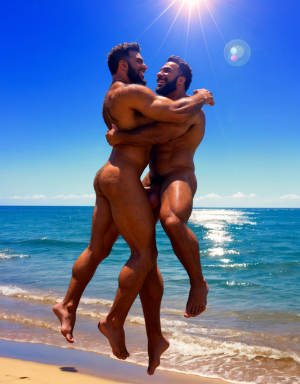 Dos hombres musculosos y peludos desnudos en la playa, con piercing en pezones. Tienen pene grande y largo. Piel bronceada, vello corporal denso, areolas y pezones perforadas. Sandalias. Están saltando, están uno detrás del otro, con los pies rozando el agua de la playa. Ambiente soleado y relajado. Hay más hombres desnudos mirando al Sol.