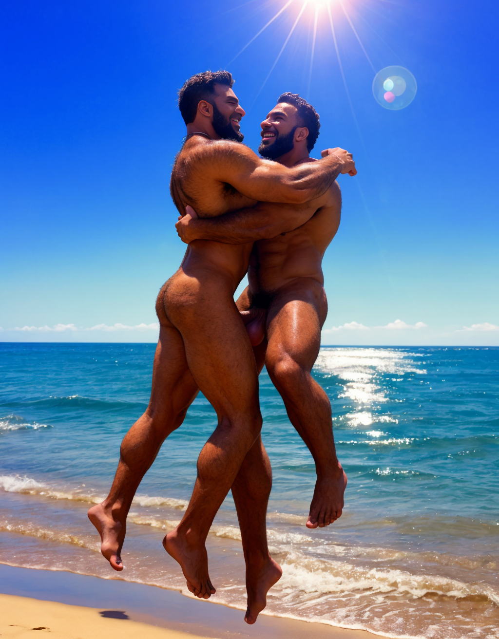 Dos hombres musculosos y peludos desnudos en la playa, con piercing en pezones. Tienen pene grande y largo. Piel bronceada, vello corporal denso, areolas y pezones perforadas. Sandalias. Están saltando, están uno detrás del otro, con los pies rozando el agua de la playa. Ambiente soleado y relajado. Hay más hombres desnudos mirando al Sol.