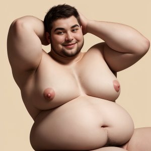 Joven gordo desnudo con pecho grande y prominentes mamas, piel suave y rolliza, estómago redondeado, genitales visibles, sonrisa sensual y mirada provocativa, pose relajada y natural, fondo neutro y luminoso.