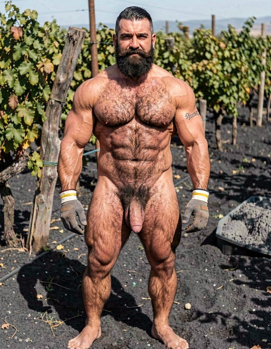 A powerful, perfectly framed full-body frontal photograph of Dimitris standing completely still and facing the camera directly, captured from the very top of his head all the way down to the tips of his ten toes with zero cropping whatsoever. The shot is taken from a slight low angle so his entire imposing 32-year-old body is visible in perfect proportion from crown to the ground. He is totally naked except for his thick grey work gloves with yellow and white stripes. His high-and-tight fade shows short dense jet-black slightly wavy hair on top, his long thick black beard is perfectly groomed and connects fully with his mustache giving him that savage but controlled look, heavy-lidded predatory eyes staring straight into the lens, strong straight nose, marked cheekbones and square jaw under all the hair, small silver hoop in his left ear. Neck thick and veiny, massive rounded shoulders with huge deltoids and traps rising high, enormous meaty pecs with deep hairy cleavage and small dark erect nipples, the entire torso covered in a dense continuous mat of black curly hair that runs unbroken from chest to pubis. Sharp eight-pack abs visible beneath the thick hair, deep dark linea alba, highly developed obliques forming a sharp V pointing to his groin, and the small “hipsterbarba” tattoo perfectly fitted on his right biceps. Thick veiny arms, big biceps, defined triceps, hairy forearms, strong wide hands in work gloves. Narrow waist creating a dramatic V-taper, powerful hips, round hard hairy glutes with the dark ring of his anus just visible between them. His thick long heavy cock hangs down prominently with visible veins and a slight downward curve, foreskin partially covering the fat pink glans; large low-hanging balls in an extremely hairy wrinkled scrotum almost black from the dense curls. Massive tear-drop quadriceps, thick adductors, developed hamstrings and hard defined calves all covered in dense black hair that thins at the knees and thickens again lower down. His large, strong, veiny bare feet are planted firmly on the dark volcanic soil of the Santorini vineyard, every single toe and toenail clearly visible and detailed. Bright natural Santorini sunlight bathes his sweaty bronzed skin, creating strong realistic highlights and deep shadows that emphasize every muscle fiber, every vein and every individual hair. Lush green Assyrtiko vines and black volcanic earth surround him. Ultra photorealistic, extremely detailed, raw masculine power, natural cinematic lighting, full uncropped body from the top of the head to the very tips of the toes.
