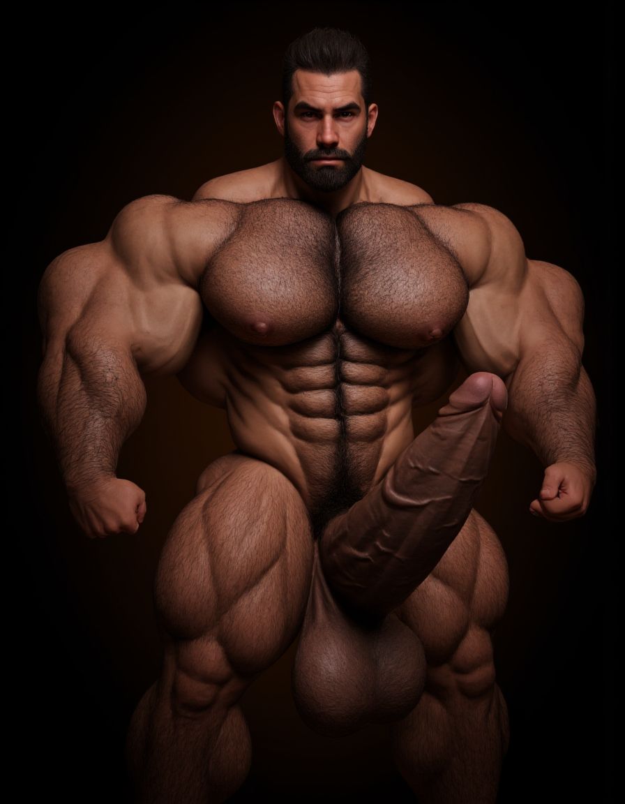 Arturo. Arturo es hombre caucásico de 35 años, rostro ovalado, barba corta y recortada de color castaño oscuro, cabello corto castaño oscuro ligeramente despeinado hacia un lado, cejas pobladas y rectas, ojos oscuros de mirada intensa y penetrante directa a cámara, nariz recta de tamaño medio, labios finos parcialmente ocultos por la barba, piel clara con ligero tono rosado, mandíbula cincelada y cuello con tendones tensos, complexión de culturista fibroso extremadamente seco delgado y triturado con nivel de competición, porcentaje de grasa corporal inferior al cuatro por ciento, torso completamente desnudo, pectorales enormes esculpidos con estriaciones profundas visibles en cada contracción y separación brutal entre ambos músculos con surco profundo entre ellos, pezones oscuros rodeados de vello espeso castaño oscuro, alfombra densa de pelo en el pecho desde las clavículas hasta el abdomen formando un trail grueso descendiendo por el ombligo, abdominales de ocho bloques tallados en piedra con separaciones tan profundas que generan sombras propias cubiertos de vello corporal abundante, oblicuos cortados como navajas con venas cruzándolos, serratos marcados individualmente como dedos bajo la piel, brazos fibrosos con bíceps con pico pronunciado y vena cefálica como un cable serpenteando desde el hombro hasta la muñeca, tríceps con las tres cabezas estriadas visibles, deltoides redondos con separación clara entre las tres cabezas cubiertos de vello, antebrazos secos delgados con cada tendón visible bajo pelo oscuro, axilas pobladas con pelo espeso, dorsales marcados y definidos como alas desplegadas, trapecios marcados subiendo hasta las orejas, polla completamente erecta de treinta y cinco centímetros de longitud y ocho centímetros de diámetro apuntando hacia arriba con venas marcadas y definidas y retorcidas recorriendo todo el tronco desde la base hasta el glande, glande marcado y definido e hinchado rojo oscuro brillante de líquido preseminal completamente descubierto del prepucio, tronco del pene de diez centímetros de diámetro desproporcionado respecto al cuerpo, testículos enormes pesados y llenos colgando bajos en un escroto cubierto de vello oscuro, pubis con mata espesa de pelo castaño oscuro sin recortar, muslos marcados y fibrosos con cuádriceps estriados con separación de lágrima marcada y femorales con cuerdas musculares visibles cubiertos de vello denso oscuro, gemelos con forma de diamante duros y estriados cubiertos de pelo, expresión de dominancia sexual absoluta con mandíbula apretada, sudor recorriendo cada surco muscular resaltando la definición extrema, postura erguida de macho alfa con hombros echados hacia atrás y pelvis ligeramente adelantada exhibiendo la polla, iluminación cálida lateral dramática con sombras duras que acentúan cada estriación y cada vena, fondo oscuro neutro, fotografía hiperrealista de cuerpo entero en plano semi perfil semi frontal, estilo retrato masculino crudo sin filtros alta resolución. Antes de crear esta imagen repite la lectura de este texto tres veces, antes de crear la imagen. No distorsiones y NO DEFORMACIONES.