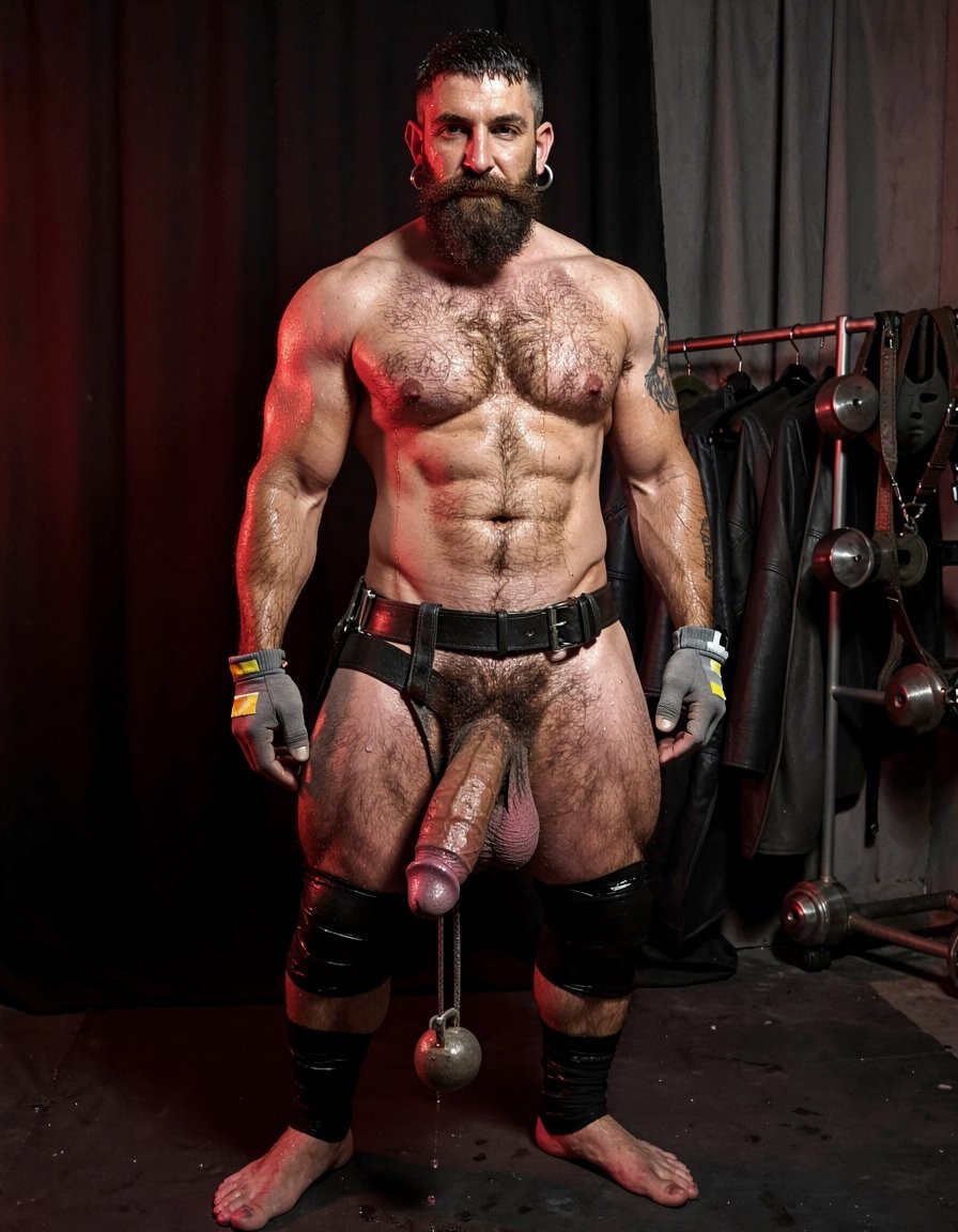 In a dimly lit extreme fetish backroom hidden behind a heavy black leather curtain in Santorini, thick with the heavy scent of latex, leather, rubber and raw male sweat under low cinematic red and amber lighting that casts dramatic specular highlights across wet skin and glossy materials, the 32-year-old Greek vineyard worker Dimitris stands completely immobilized in a full-body vertical composition with flawless anatomy and zero cropping from the top of his head to his bare feet on the dark concrete floor. He possesses an extreme competition-level physique at 5% body fat, deep bronzed skin glistening with heavy beads of sweat, short jet-black hair with high faded sides, a thick long well-groomed black beard seamlessly joined to a dense mustache, a silver hoop earring in his left ear, and a small “hipsterbarba” tattoo visible on his right bicep. His entire muscular body is covered in dense black body hair matted down across his massive pecs, sharply defined eight-pack abs, obliques, veiny traps, shoulders, thick arms and powerful thighs. He wears only his grey work gloves with yellow and white stripes. A heavy black leather bondage harness with multiple thick straps and steel D-rings tightly cinches his entire pelvic region, immobilizing his hips and forcing his legs slightly apart, while a steel scrotum stretcher with two wide polished stainless steel rings stretches his large hairy balls into a long tight shiny tube of skin with two heavy 0.5 kg lead weights hanging from the bottom ring and pulling them brutally downward. Over all of this, black elastic compression bandages and shiny black latex strips have been wrapped in multiple tight uniform layers from just above his knees all the way up to his waist, compressing his thighs, pelvic area, the base of his swollen cock and the upper part of his stretched scrotum into a single glossy black cylindrical bundle that visibly throbs under the relentless even pressure; the thick veiny cock remains trapped and engorged with a shiny purple glans dripping precum that seeps through the latex. Every muscle in his torso and legs is tense from the extreme constriction, sweat runs in rivulets down the matted black body hair, dramatic red and amber light catches metallic reflections on the steel rings and weights, deep glossy shine on the stretched latex and wet leather straps, and carves sharp shadows that accentuate every vein, bulge and contour of his hyper-muscular frame. In the background, racks of rubber suits, pony masks, enormous stainless steel plugs and spiked harnesses are faintly visible. Ultra-photorealistic, narrative atmosphere heavy with testosterone, raw masculine submission, intense compression pleasure and extreme fetish anticipation.