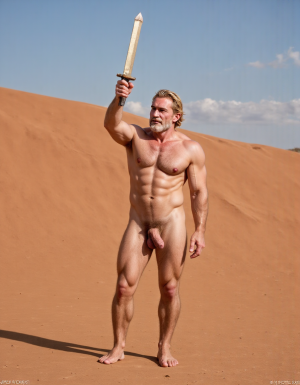 Enrique es un hombre muy delgado de 50 años, tiene cabello largo con canas blancas, tiene barba blanca abundante y larga. Está totalmente desnudo, en sus manos lleva una espada de oro alzada hacia el cielo. Tiene un cuerpo muy delgado con músculos marcados y definidos. 💪🏼. Tiene un pene erecto de 36,8 cm de longitud y 7,9 cm de diámetro. Tiene mucho vello corporal blanco que cubre su pecho brazos y piernas. Está en la arena del desierto entre grandes dunas de arena color terracota.

Federico es un hombre delgado de 32 años con una barba rubia oscura abundante , está totalmente desnudo, tiene un cuerpo atlético y vigoroso, tiene mucho vello corporal rubio oscuro que cubre su pecho y también sus brazos y sus piernas, tiene una barba muy poblada de pelo rubio oscuro. Federico está en la arena del desierto. Tiene un pene erecto de 35,5 cm de longitud y 8,8 cm de diámetro que sobresale por encima de sus testículos que están a la vista y son muy peludos. Penes están erectos y excitados sexualmente.