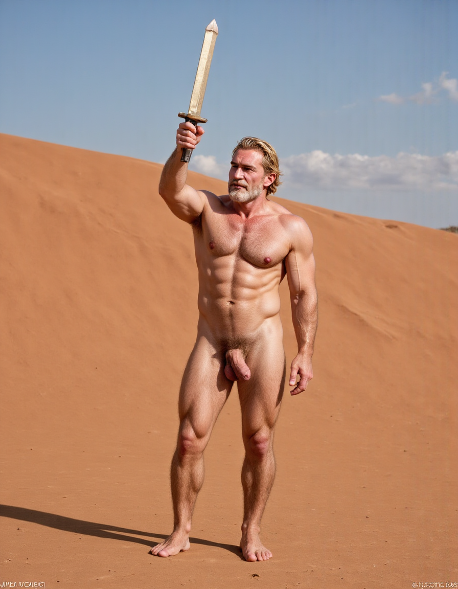 Enrique es un hombre muy delgado de 50 años, tiene cabello largo con canas blancas, tiene barba blanca abundante y larga. Está totalmente desnudo, en sus manos lleva una espada de oro alzada hacia el cielo. Tiene un cuerpo muy delgado con músculos marcados y definidos. 💪🏼. Tiene un pene erecto de 36,8 cm de longitud y 7,9 cm de diámetro. Tiene mucho vello corporal blanco que cubre su pecho brazos y piernas. Está en la arena del desierto entre grandes dunas de arena color terracota.

Federico es un hombre delgado de 32 años con una barba rubia oscura abundante , está totalmente desnudo, tiene un cuerpo atlético y vigoroso, tiene mucho vello corporal rubio oscuro que cubre su pecho y también sus brazos y sus piernas, tiene una barba muy poblada de pelo rubio oscuro. Federico está en la arena del desierto. Tiene un pene erecto de 35,5 cm de longitud y 8,8 cm de diámetro que sobresale por encima de sus testículos que están a la vista y son muy peludos. Penes están erectos y excitados sexualmente.