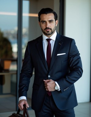 ---

Hombre español de 38 años, director financiero, 1,85m, complexión atlética, pelo negro peinado hacia atrás con gomina brillante, barba de tres días perfectamente recortada, mandíbula marcada, ojos grises penetrantes mirando directamente a cámara con expresión seria y dominante, traje azul marino de raya diplomática Tom Ford corte slim fit impecable, camisa blanca de algodón egipcio cuello italiano almidonado, corbata de seda italiana burdeos oscuro con nudo Windsor perfecto apretada hasta arriba, gemelos de plata brillantes en puños de camisa, reloj Patek Philippe en muñeca izquierda, zapatos Oxford negros Church's pulidos como espejos, maletín de cuero marrón oscuro Montblanc en mano, postura erecta autoritaria, fondo de oficina ejecutiva moderna con ventanales de cristal y ciudad al fondo, iluminación profesional que resalta su elegancia y poder, fotografía hiperrealista estilo retrato corporativo de alta gama, aura de formalidad absoluta y dominancia fría