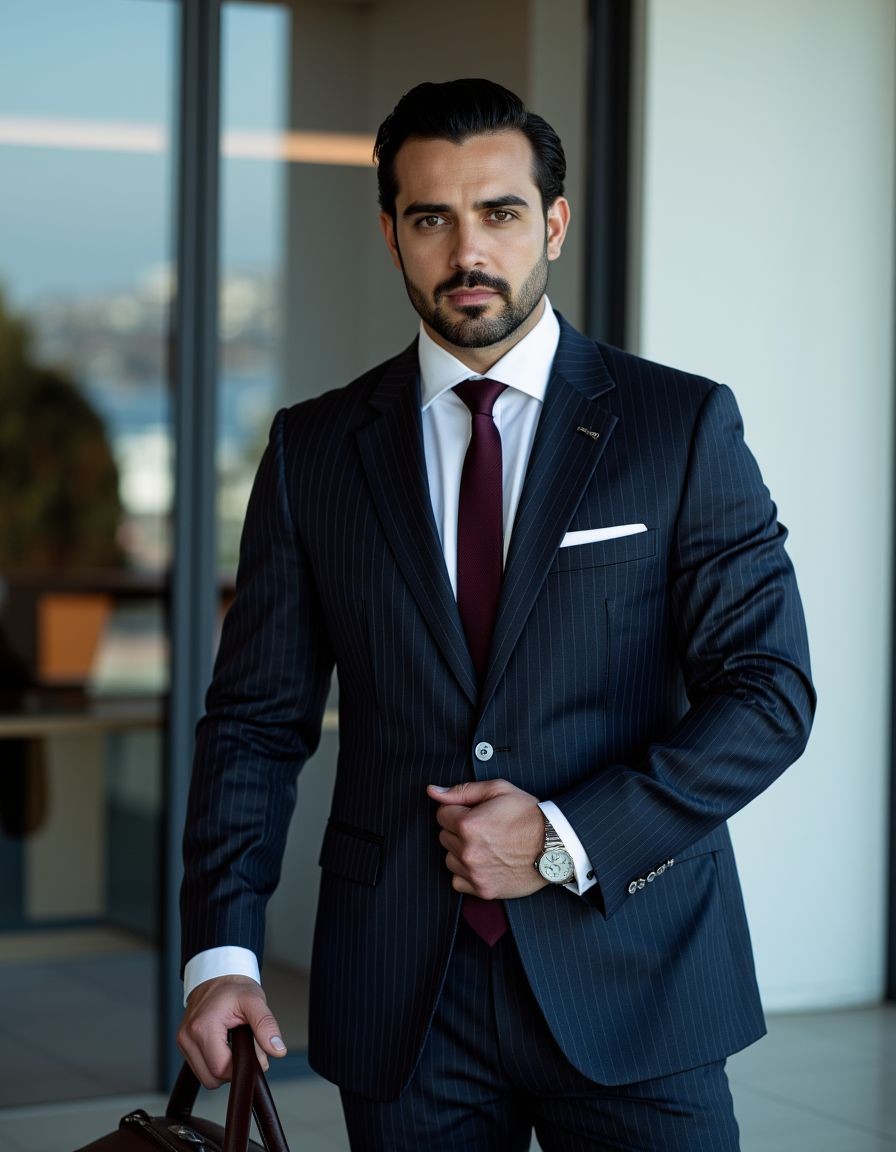 ---

Hombre español de 38 años, director financiero, 1,85m, complexión atlética, pelo negro peinado hacia atrás con gomina brillante, barba de tres días perfectamente recortada, mandíbula marcada, ojos grises penetrantes mirando directamente a cámara con expresión seria y dominante, traje azul marino de raya diplomática Tom Ford corte slim fit impecable, camisa blanca de algodón egipcio cuello italiano almidonado, corbata de seda italiana burdeos oscuro con nudo Windsor perfecto apretada hasta arriba, gemelos de plata brillantes en puños de camisa, reloj Patek Philippe en muñeca izquierda, zapatos Oxford negros Church's pulidos como espejos, maletín de cuero marrón oscuro Montblanc en mano, postura erecta autoritaria, fondo de oficina ejecutiva moderna con ventanales de cristal y ciudad al fondo, iluminación profesional que resalta su elegancia y poder, fotografía hiperrealista estilo retrato corporativo de alta gama, aura de formalidad absoluta y dominancia fría