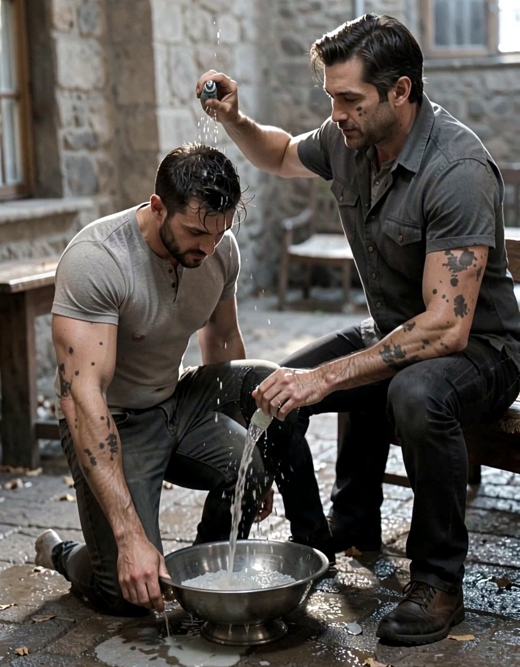 Es un Young men con cuerpo marcado, atlético, promedio, de cuerpo entero, derramando helado sobre su cuerpo, mientras está arrodillado frente a su amo, que está de espaldas y parece un hombre lobo moteado, con poco pelo en el frente de su cuerpo