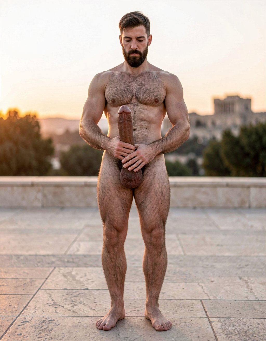 Pericles. A hyper-realistic full-body portrait of completely naked Pericles at 35 years old standing tall under the warm golden light of an Athenian sunset, as if Phidias had carved him from warm living marble and breathed life into him. Perfectly proportioned athletic body, 172 cm, 75 kg, 5% body fat, imposing and dignified presence. Elongated “onion-shaped” skull, short dark brown military-cut hair with silver at the temples, short dense well-groomed dark brown beard and finer trimmed mustache framing a stern aristocratic face with deep-set intense brown eyes. Strong muscular neck, broad rounded shoulders, powerful hairy pectorals with vertical dark trail, small dark hardened nipples, sharply defined abdomen with thick treasure trail leading to a dense curly dark pubic bush. His thick 22 cm erect penis with a slight upward curve, prominent veins along the darker shaft and flushed glans. Pericles is actively masturbating, sliding his right hand up and down the shaft with a steady rhythm. He grips his penis in a precise cylindrical hold: the index, middle, ring and pinky fingers of his right hand curved naturally around the lower perimeter on the front side of the shaft, slightly separated and perfectly adapting to its contour; the thumb positioned on the opposite rear side, also curved naturally around the lower perimeter, pressing gently to secure the grip. The hand conforms perfectly to the cylindrical shape with realistic finger placement and natural joint flexion. Heavy low-hanging testicles, firm round muscular ass, powerful veiny legs covered in dark hair, large masculine feet with the second toe slightly longer. Ultra-detailed skin texture, visible veins and subtle sweat sheen, razor-sharp anatomy, soft warm golden side lighting that sculpts every muscle and hair follicle, museum-quality historical sensual realism, softly blurred Acropolis at sunset in the background. Se levanta y está de pie en posición de firme militar, con el otro brazo tenso hacia arriba para enseñar su bíceps… se corre y eyacula por el meato del glande de su pene semen líquido 