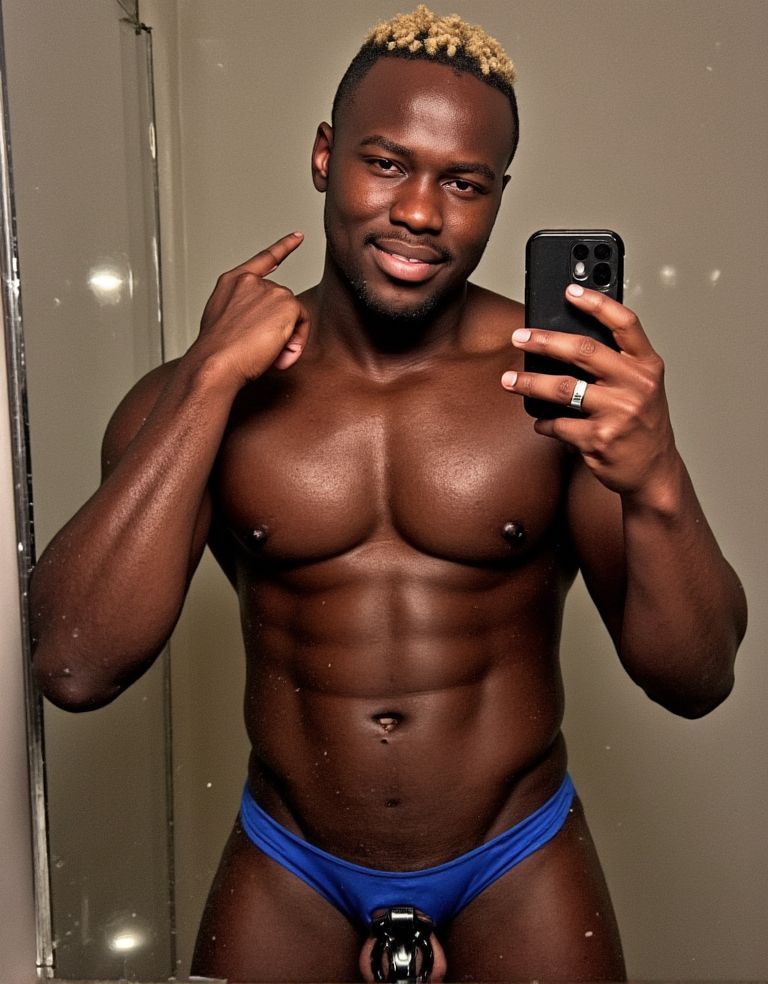 A black man, approximately 25 years old, stands in front of a steamy shower mirror, sweat glistening on his dark skin. He wears a pair of blue jockstrap, clinging to his athletic physique, and a chastity cage, emphasizing his erotic restraint. His short, tightly coiled blond hair is damp from the shower, and a few droplets of water trickle down his face, accentuating his sharp features. With one hand, he holds a phone to take a selfie, capturing the intimate moment, while the other hand rests on the mirror frame, his fingers spread wide. The shower's warm glow illuminates his body, highlighting the curves of his biceps and the definition of his chest, as he gazes into the camera with a confident, sensual smile. Hyper-realistic photo with high-quality details, focusing on the contrast between his dark skin and the shiny, metallic chastity cage.