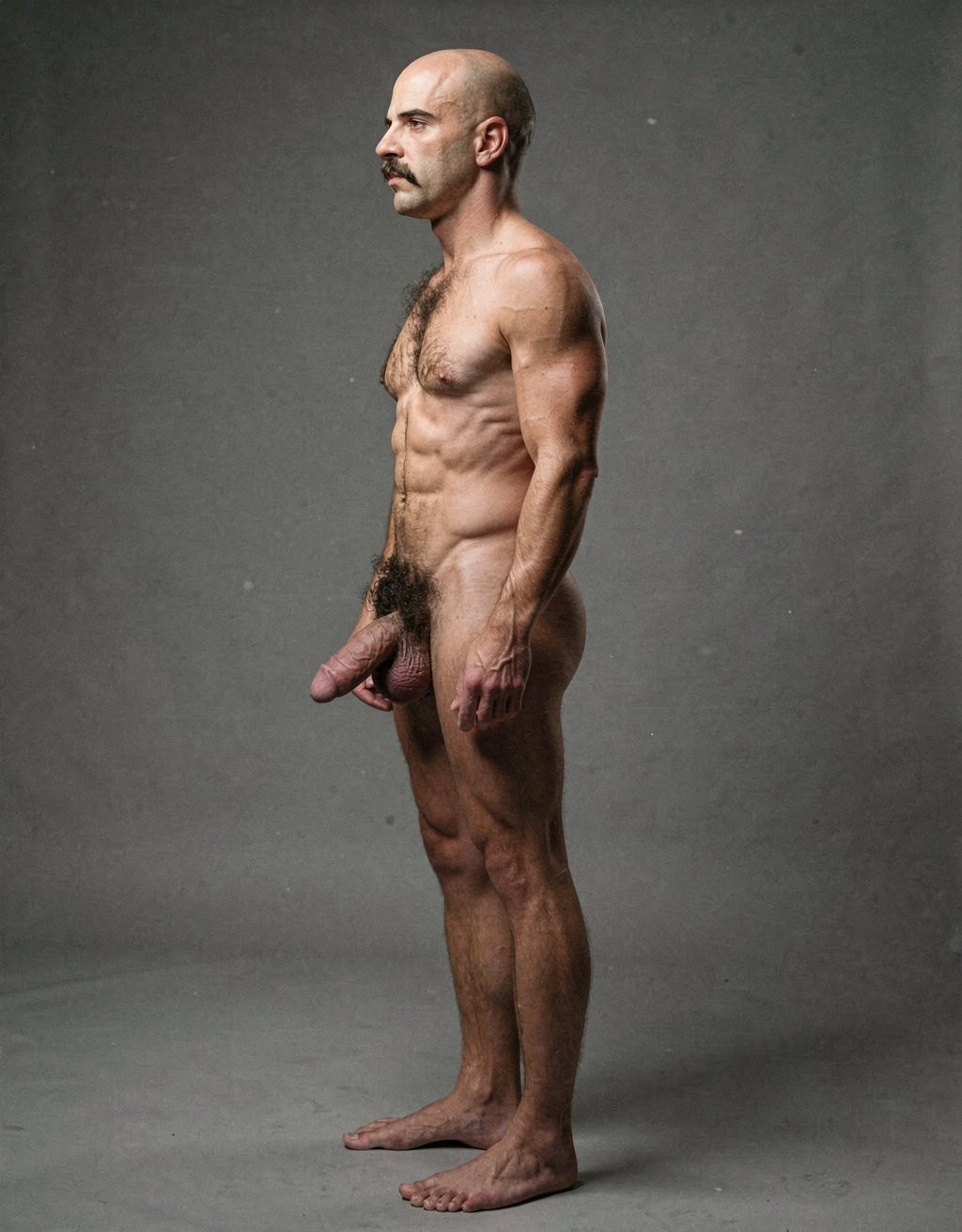 Mike Morris, a 32-year-old extremely lean Caucasian male with only 8% body fat, stands completely naked in a strict military attention pose captured in a full-body exact side profile at 90 degrees from his left side. The shot runs from the tips of his size 44 slightly hairy feet all the way up to the top of his bald head, showing his entire body without any cropping. His physique is dry, highly vascular and powerfully defined: massive square pectorals seen in perfect side silhouette, dense dark brown chest hair forming a thick T-pattern, sharply carved six-pack abs in clear profile, narrow waist, wide lats, powerful thighs and diamond-shaped calves. Dramatic directional studio lighting comes from high and slightly in front of him, creating strong rim lighting that traces the sharp outline of his entire body, the texture of his dense dark body hair on chest, lower back, ass and legs, and deep shadows that accentuate every muscle separation, vein and the extreme dryness of his 8% body fat physique. His advanced Norwood III-IV bald scalp shines under the light, with short dense dark brown hair on the sides and back of his head. His square angular face is shown in pure profile: strong jawline, prominent chin with slight central dimple, thick dark handlebar mustache, heavy brow and intense deep-set brown eye looking straight forward with a serious, commanding expression. His penis is fully visible in perfect side view, completely natural and realistic: thick, 24 cm long when fully erect, with a natural slight upward curve, prominent dorsal veins, long foreskin partially covering the pink-red glans, and realistic lighter skin tone. Below it hang his large, low-hanging testicles with wrinkled darker skin and dense dark brown hair. The extremely thick, curly dark brown pubic bush climbs almost to his navel and surrounds the base of his cock and balls generously. Every anatomical detail from his veined hands and forearms to his muscular ass, hamstrings, diamond calves and hairy toes is perfectly proportioned and free of any deformation. Photorealistic, high-contrast, masculine 1970s Colt Studio aesthetic with subtle grainy film texture.