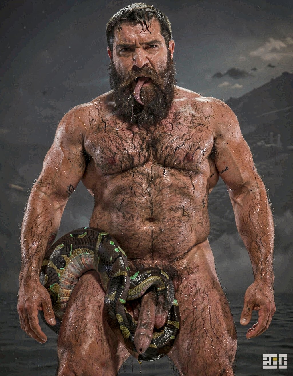 A powerful muscular 40-year-old Greek man named Dimitris with an athletic hairy body, dense dark fur covering his broad chest, powerful thighs and groin, heavy thick dark beard, strong masculine features and sweaty tanned skin stands completely naked with an intense aroused expression, veins visible on his arms and legs. A large glossy python with shiny black and iridescent emerald green scales has reached his thick hairy right thigh and is accelerating its urgent sinuous pace, long forked tongue flicking rapidly and repeatedly out of its mouth tasting the thick heavy air saturated with raw masculine sweat and testosterone. The snake’s thick powerful muscular body slides deliberately between his hairy legs and coils extremely tightly around his heavy low-hanging balls with multiple hot firm rings, completely enveloping the testicles in a possessive grip, squeezing them hard and lifting them upward with slow rhythmic constricting pulses that make the scrotum skin stretch tightly and glisten with sweat under the intense pressure. Dramatic cinematic side lighting with strong specular highlights on the glossy scales and beads of sweat rolling down the hairy skin, deep shadows emphasizing every muscle and scale, intense erotic tension mixed with subtle danger, ultra detailed, photorealistic, sharp focus, rich textures, cinematic atmosphere.
