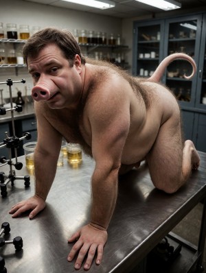 Un hombre obeso de 40 años, con una mezcla de características humanas y porcinas, se encuentra en posición de cuatro patas sobre una mesa metálica de laboratorio. Su cabeza y torso son humanos, con una piel suave y rolliza, pero su nariz ha sido reemplazada por una trompa de cerdo, rosada y húmeda. Además, una cola de cerdo larga y delgada se extiende desde su espalda, balanceándose suavemente mientras se mueve. El hombre gordo está completamente desnudo, mostrando su cuerpo rollizo, con una capa de vello grueso cubriendo su espalda y pecho. La mesa metálica de laboratorio está cubierta de instrumentos y equipos de investigación, y hay un fondo de estantes y armarios que contienen frascos y recipientes con especímenes y sustancias desconocidas. La iluminación es brillante y cruda, resaltando cada detalle de la escena, con sombras profundas que acentúan la textura y el volumen del cuerpo del hombre-cerdo. La atmósfera es de experimentación y estudio, con un toque de surrealismo y disturbio.