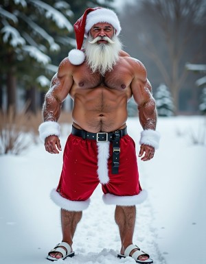 La Navidad. Papá Noel es un hombre de 40 años, atleta, está delgado y tiene músculos marcados y definidos, es muy varonil, tiene barba blanca abundante. Solo tiene el gorro de papá Noel porque está totalmente desnudo enseñando su musculatura de atleta y bronceada, tiene mucho vello blanco que cubre sus músculos pectorales y el abdomen y también en sus piernas. Tiene sandalias blancas en sus pies. Barba abundante blanca de papá Noel. Es el Papá Noel del año 2025, con mucha alegría y mucho sexo gay. Aspecto muy masculino salvaje. Pene erecto de 20cm de longitud y 8cm de diámetro. Abundante vello blanco por todo el cuerpo. Está saltando sobre la nieve mientras nieva y su gran pene erecto de 22 cm de longitud y 9 cm de diámetro se llena de nieve. Está masturbándose su pene con la mano derecha. 