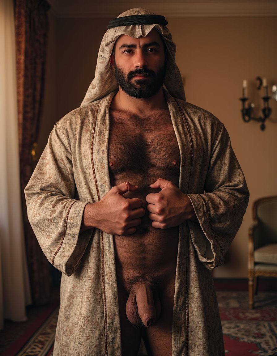 Man with a thick beard and serious expression standing and posing in an elegant room, dressed in an open robe of patterned beige fabric and a traditional kufiya-style headdress held with a black band. His hairy chest and abdomen are exposed, as well as the flaccid penis visible beneath the garment, while his hands hold the edges of the robe at torso height. The scene has warm, dim lighting, with curtains, a decorative rug, an upholstered chair, and a wall sconce in the background, creating a refined, intimate interior atmosphere with an Oriental or Arab aesthetic.