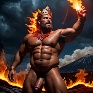 Cneo Pompeyo Magno desnudo con pene grande y testículos grandes peludos. Dobla el brazo derecho para enseñar los bíceps del brazo derecho con gran orgullo. Tiene mucho vello por todo el cuerpo. Está bronceado. Tiene corona de oro. Tiene alas de diablo negras y rojas oscuro. Tiene un chorro de humo en su boca. Tienen una llama de fuego en su boca. Los brazos están hacia arriba implorando rayos y fuego. Tiene un chorro de fuego en el pene que sale a chorros rojos hacia arriba de su pene erecto tieso hacia arriba. Sus ojos son grandes y rojos. Está enseñando sus grandes testículos. Tiene testículos grandes y oscuros. Está alumbrado con mucha luz roja por todo el cuerpo. Es muy atractivo. Está rodeado de llamas y humo. Tienen cara de maldad y con barba. Se ven los pies