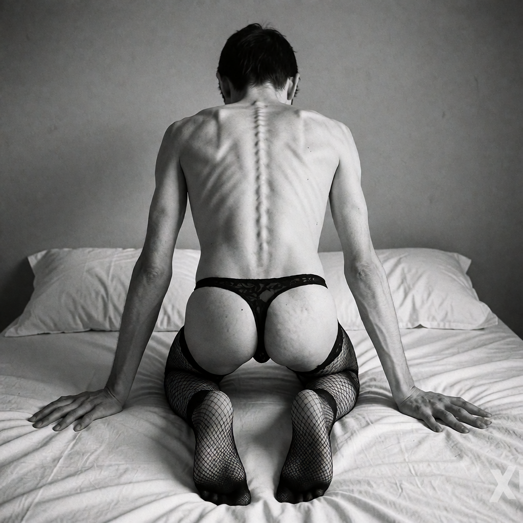 Persona delgada arrodillada sobre una cama blanca, vista desde atrás en una fotografía en blanco y negro de tono íntimo y artístico. La espalda desnuda aparece muy marcada, con la columna vertebral, las costillas, los omóplatos y los hombros definidos bajo una luz suave que resalta la textura de la piel. Lleva un tanga negro de encaje que deja los glúteos expuestos y medias de rejilla oscuras hasta los muslos, mientras apoya ambas manos abiertas sobre la sábana arrugada. La escena transcurre en un dormitorio sencillo, con almohadas blancas y una pared gris lisa al fondo, creando una composición minimalista, sensual y vulnerable.