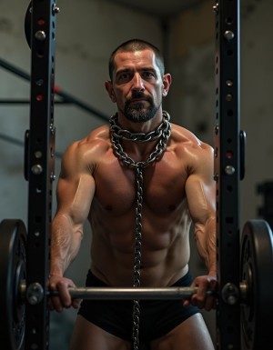 Esclavo latino maduro entrenando completamente desnudo, encadenado y con collar de metal, en el gimnasio de un calabozo. El ejercicio es con barras y discos de pesas. El ambiente es tétrico y a la vez estimulante para el esclavo 
