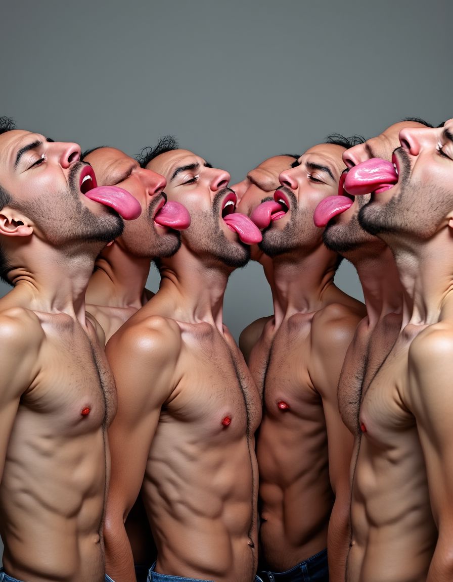 Seis hombres desnudos de cuerpo entero en dos filas sacan sus grandes lenguas con forma de pene y dejan caer saliva sobre sus grandes pezones. Fondo gris.