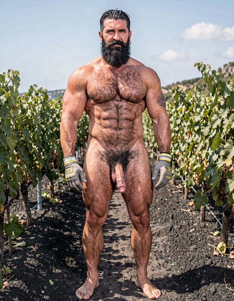 A naked man, very muscular and covered in body hair, poses standing among rows of vineyards under a clear sky, with his fully visible frontal body and exposed flaccid penis. He has a thick black beard, short hair combed back, defined chest and abdomen, strong arms and robust legs, as well as a tattoo on his arm. He wears gray and yellow work gloves, suggesting an agricultural or grape-harvesting scene, and he is barefoot on dark volcanic soil among the green vines, creating a striking contrast between nudity, physical strength, rural surroundings, and fieldwork.