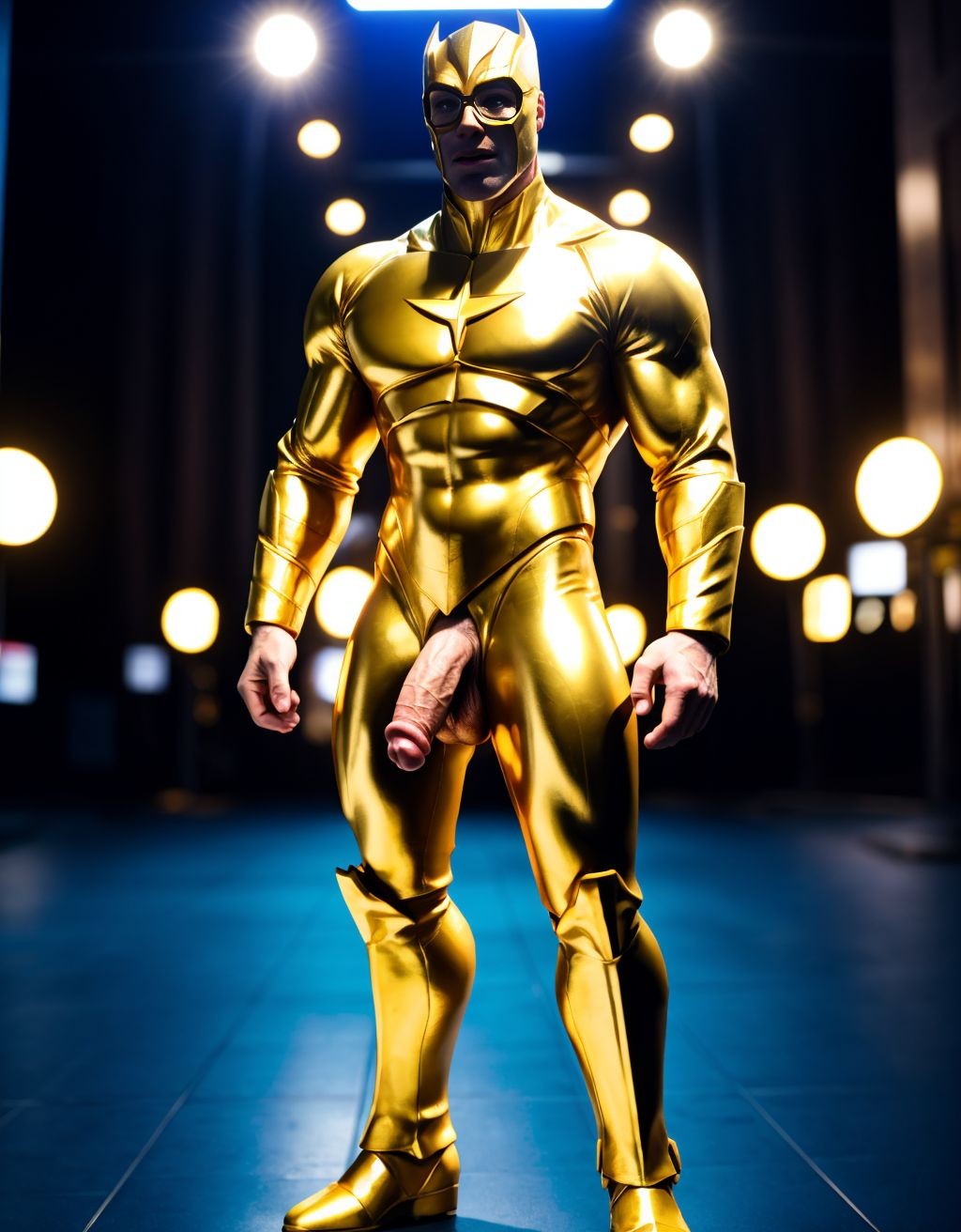  Booster Gold. Tiene el pene grande de donde sale mucho semen. Tiene los testículos grandes y peludos. Está de cuerpo entero y de pie.