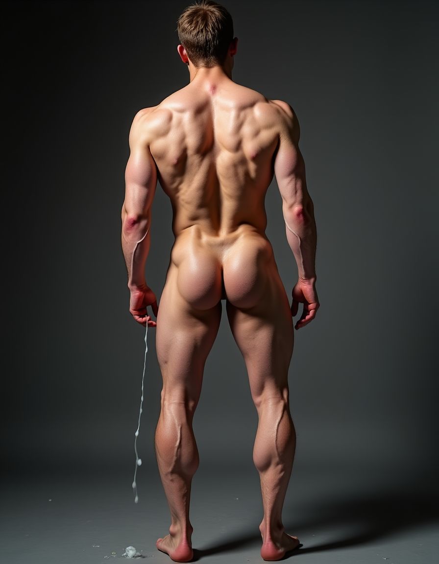 Thomas Jane (su nombre real es Thomas Elliott III; es un hombre muy masculino que tiene cincuenta y siete años de edad) es actor, conocido porque actualmente protagoniza la serie de comedia dramática de HBO HUNG (superdotado en España).
Está totalmente desnudo. Tiene un  pene erecto enorme de 35 centímetros de largo y muy grueso apuntando hacia arriba entre su cuerpo, venas gruesas pulsantes marcadas recorriendo todo el tronco de su pene, glande hinchado enorme brillante de color rojo púrpura, testículos extremadamente grandes gordos y pesados colgando muy abajo descolgados entre las piernas con piel arrugada tensa bajo el peso, el pene eyaculando activamente múltiples chorros gruesos abundantes de semen blanco espeso disparándose de la punta con fuerza, semen resbalando copiosamente por el glande y tronco formando hilos blancos espesos, gotas gruesas de semen cayendo entre su cuerpo. Tiene anillo de plata en el dedo hallux (primer dedo del pie) de sus pies. Crea imagen del personaje descrito de cuerpo entero desde los dedos de sus pies hasta su cabeza, todo el cuerpo desnudo a la vista de la cámara. Tiene sandalias en sus pies. Fotografía hiperrealista de ultra alta definición 8K plano posterior. 