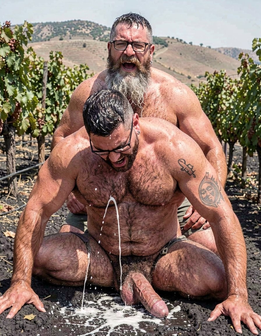 Dos hombres desnudos y musculosos están en cuclillas sobre la tierra de un viñedo, rodeados de hileras de vides y colinas secas al fondo bajo una luz intensa de exterior. El hombre del frente, con gafas, barba corta, vello abundante en el pecho y tatuajes en los brazos, apoya las manos en el suelo mientras su pene erecto eyacula un chorro visible de semen que cae sobre la tierra. Detrás de él aparece otro hombre corpulento, con gafas, pelo corto y una barba larga canosa, colocado muy cerca y sujetándole por la cintura, creando una escena sexual explícita en un entorno rural, soleado y polvoriento.
