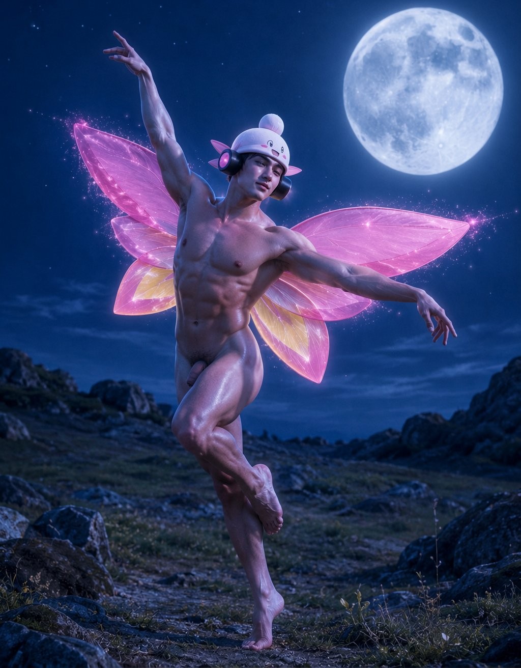 A naked man with an athletic body poses like a nocturnal fairy in a rocky landscape under a large full moon, with translucent pink and yellow wings glowing with magical sparkles on his back. He wears a white hat with ears and pink details, while adopting a dance pose, raising one arm and one leg with a concentrated and theatrical expression. The bluish night lighting highlights his musculature, torso, legs, and visible penis, creating a fantastic and surreal aesthetic. The open-field setting, stones, dark grass, starry sky, and moonlight reinforce the atmosphere of fantasy, magic, male fairy, and dreamlike scene.