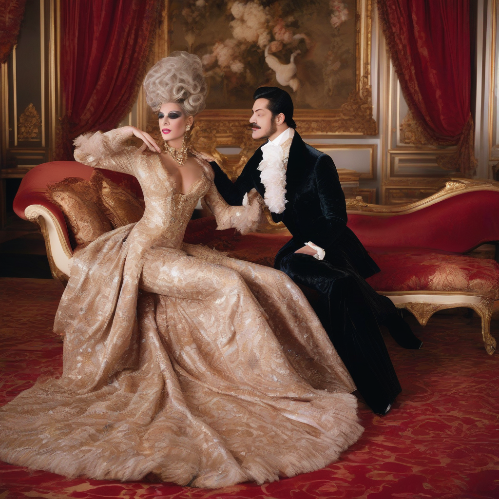 An aristocratic-style couple poses in a palatial Baroque-style salon, surrounded by red curtains, golden moldings, a large floral painting, and a chaise longue upholstered in red and gold. The seated figure wears a voluminous golden beige dress with shiny embroidery, a wide skirt with a train, feathered sleeves, a striking necklace, theatrical makeup, and a tall powdered wig, evoking Rococo fashion. Beside her, a man with a mustache wears a black velvet tailcoat, a white shirt with a jabot, and a gallant attitude, leaning toward her while holding her hand. The red carpet, warm lighting, and ornamental details reinforce an elegant, dramatic, and sophisticated scene.