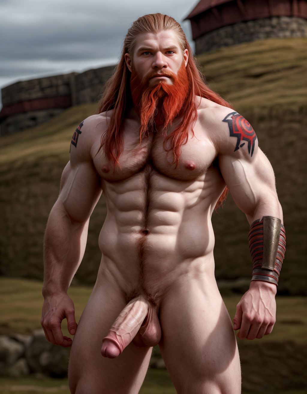 Guerrero nórdico de 20 años desnudo, de facciones hermosas, piel muy pálida, musculoso, cuerpo muy velludo, mostrando orgulloso su pene, tatuajes vikingos, barba larga, cabello rojizo, fondo de batalla medieval, armadura rota, mirada desafiante, piel sudorosa, anatomía detallada.